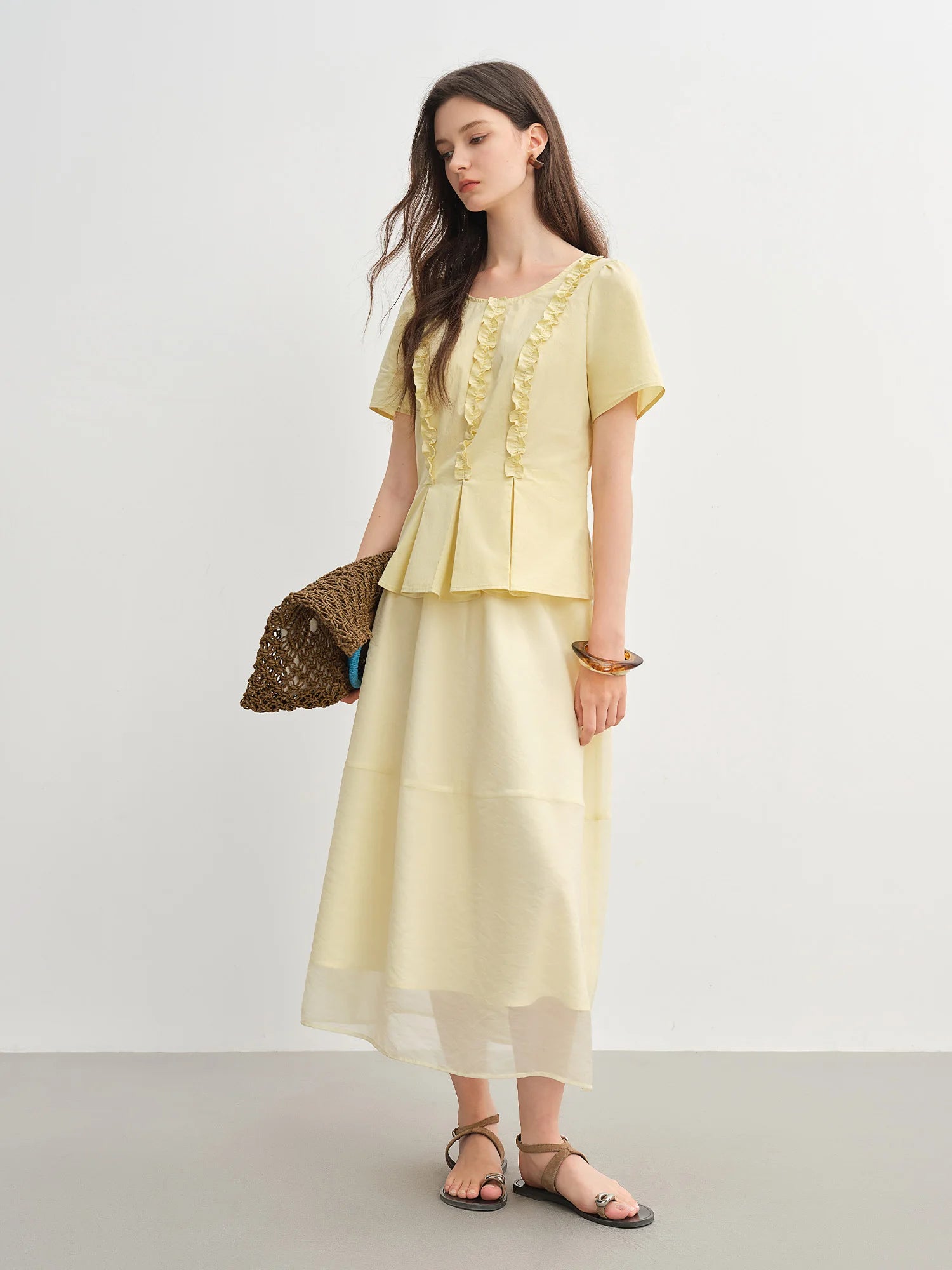 DUSHU Plus Size Women Sweet Youthful 2025 New Model Pleated Waist-Defining Slimming Round Neck Shirt Tops