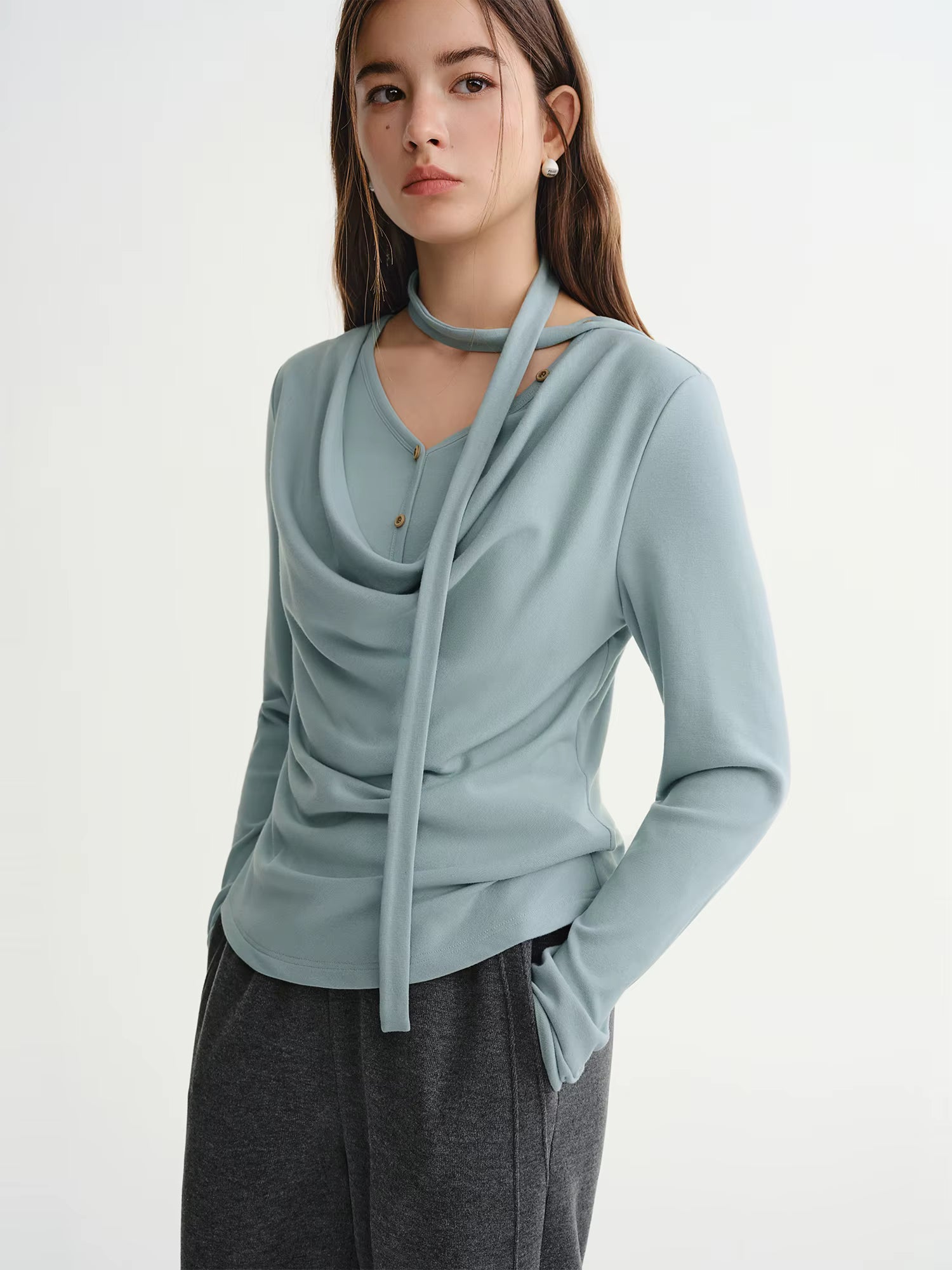 Plus-Size Women Layered Art Long-Sleeve T-Shirt with Floating Ribbon neckline Mock Two-Piece Slimming Top for Curvy Women