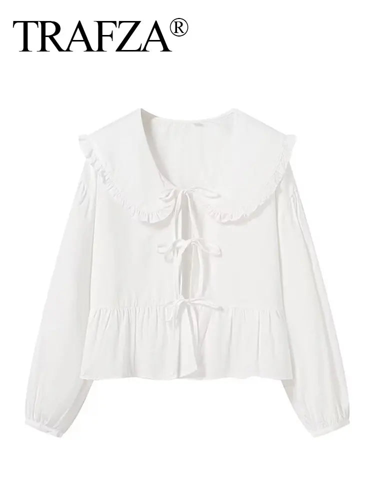 TRAFZA 2024 Women Sweet Solid Shirt Front Bow Lace Up Long Sleeve Blouses Elegant White Top For Woman Summer Casual Shirts