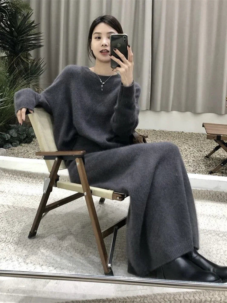 Autumn Winter Knitted 2 Piece Sets Office Ladies Elegant O Neck Pullover Soft Knitting Sweater+High Waist Long Skirts Sets