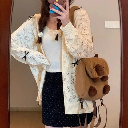 Deeptown Coquette Cardigan Sweater Woman Kawaii Bow Hollow Out Knitted Tops Korean Fashion Sweet Preppy Cute Aesthetic Solid