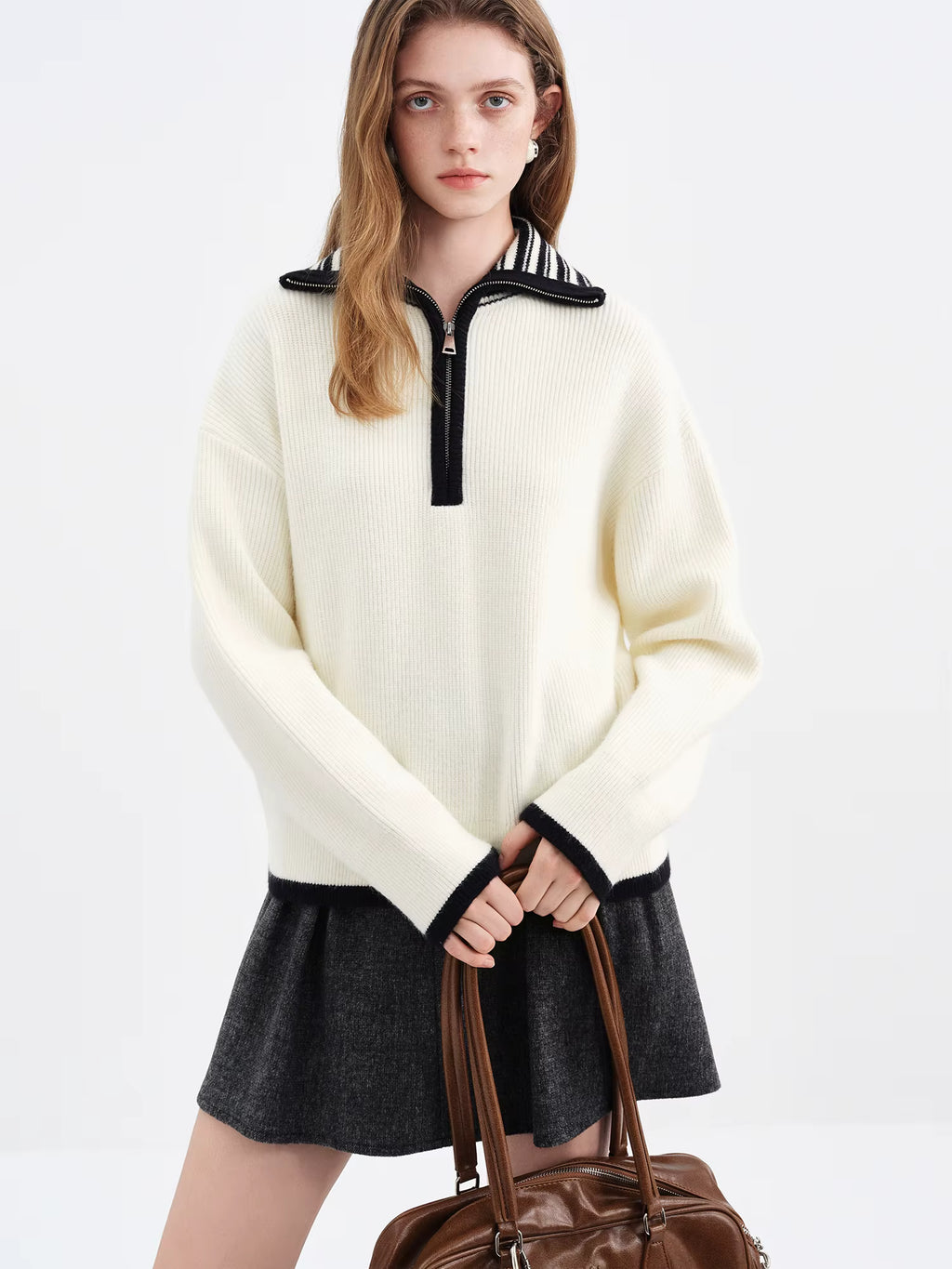 Women's 2025 Autumn/Winter New Style Ribbed Loose-fitting Zipper Stand Collar Color Block Inner Knit Sweater