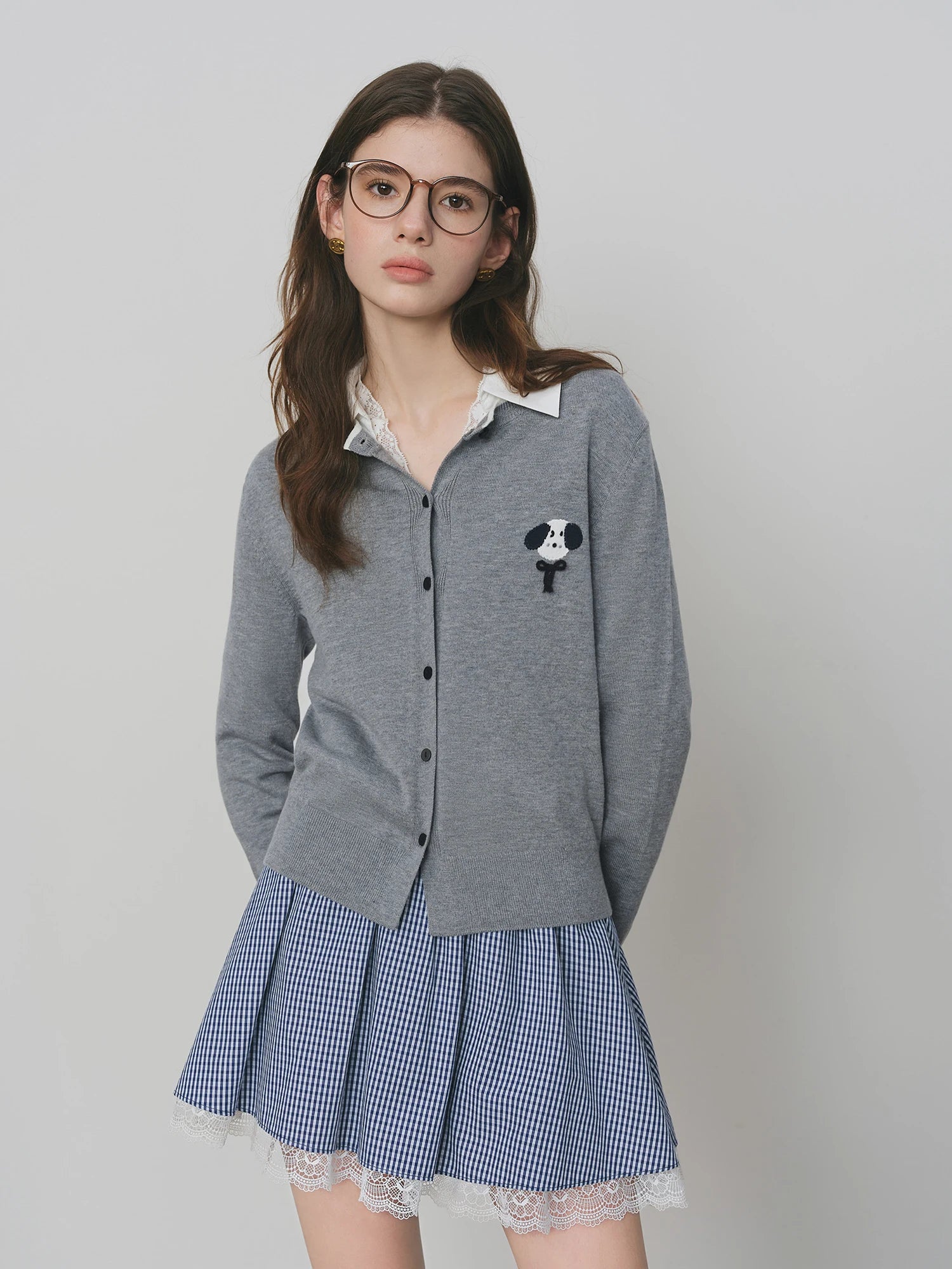 FSLE Autumn 2025 Women's Knit Cardigan - Playful Style Round Neck Dog Embroidery Loose Casual Top Sweater with Floral Accents
