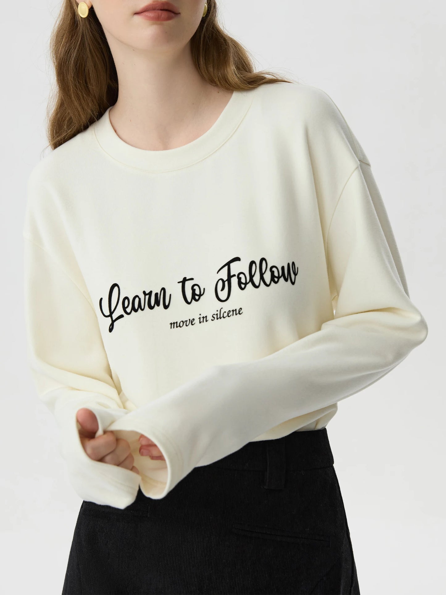 FSLE Women Letter Print Long Sleeve Tops Round Neck Drop Sleeve Casual Apricot Warm Pullover Sweaters Winter Top 24FS14559