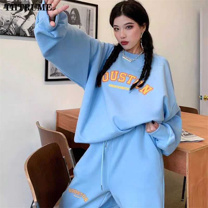 Fashion Women Chic Two Piece Sets Elegant Letter Print Long Sleeve Hoodies Tops High Waist Pant Outfits Casual Loose Streetwear