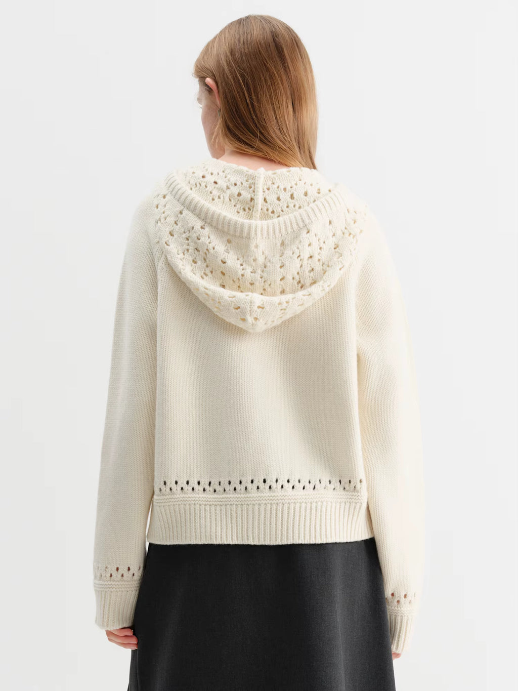 French Retro Style Hooded Hollow Out Knit Top for Women New Winter 2025 Textured Faux Lace Top Solid All-match