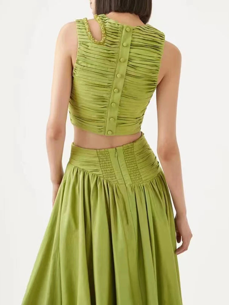 VGH Slim Two Piece Sets For Women Round Neck Sleeveless Hollow Out Pleat Crop Tops Irregular Hem Pleated Skirt Solid Set Female