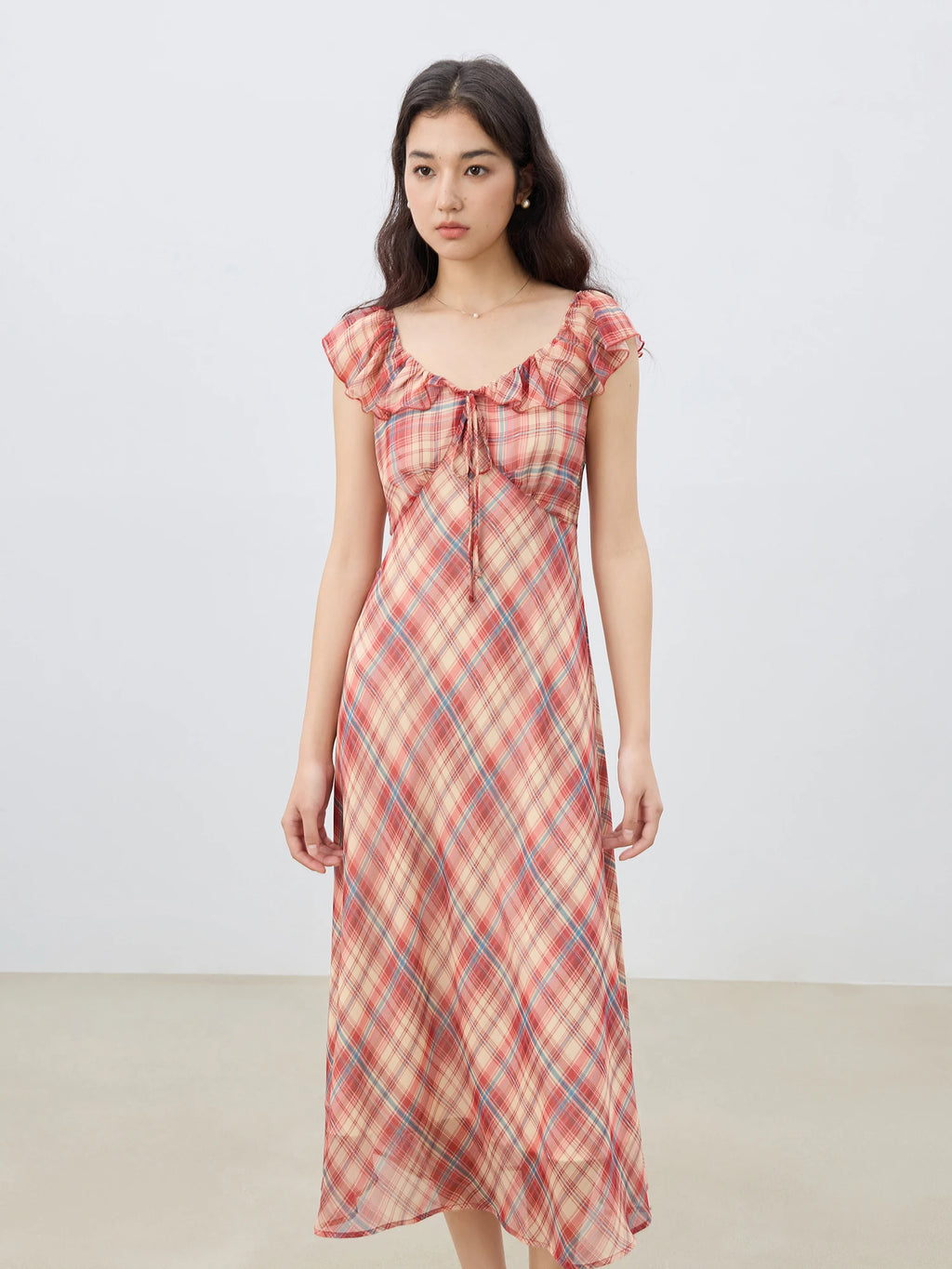 ZIQIAO Petite Red Gingham Chiffon Maxi Dress 2025 Summer Waist-Defining Tropical Resort Day-to-Night Elegance Dress