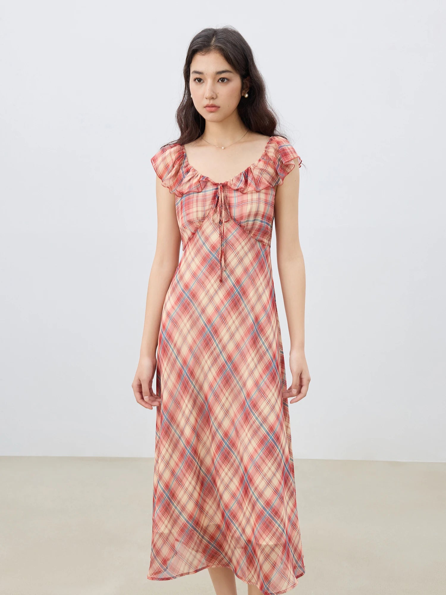 ZIQIAO Petite Red Gingham Chiffon Maxi Dress 2025 Summer Waist-Defining Tropical Resort Day-to-Night Elegance Dress