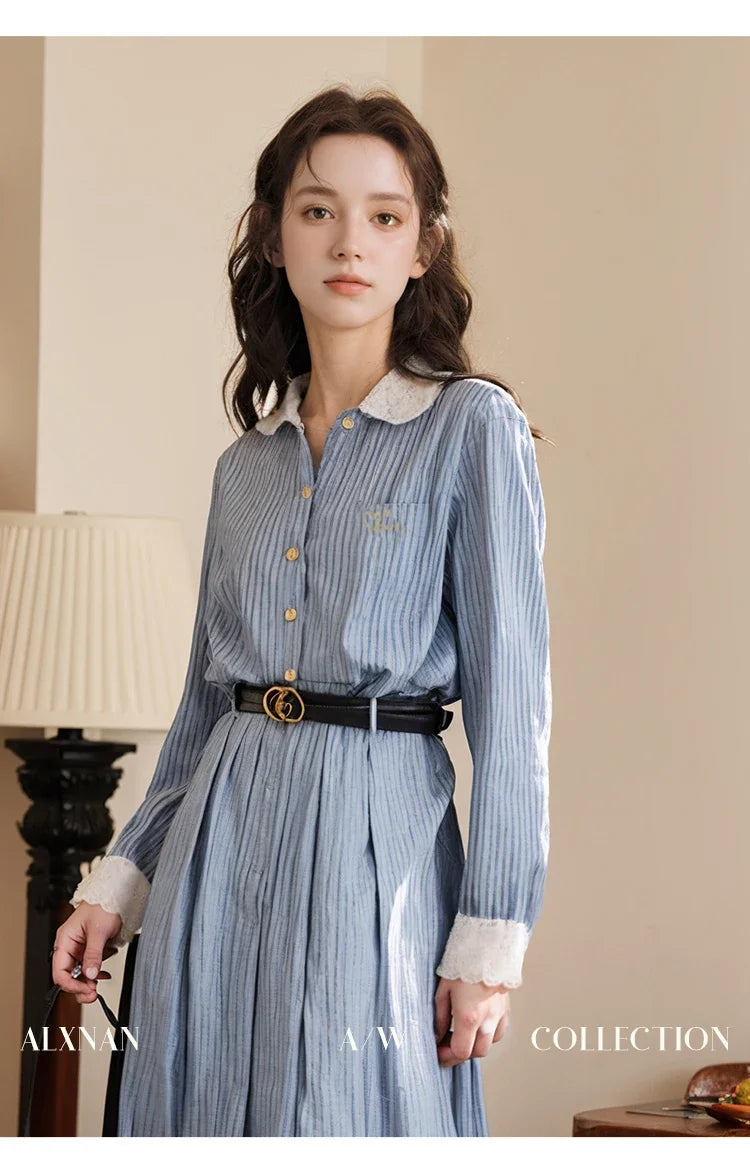 ALXNAN Women Blue Striped Dress 2024 Autumn Preppy Style A-line Lace Spliced Lapel Collar Long Sleeve Women Dresses A00122