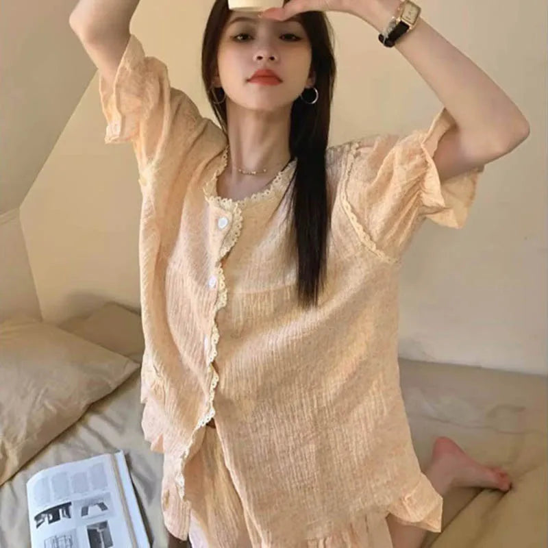 Ruffles Women Pajamas Sets for Home Summer Floral Sleepwear Shorts Sleeve Lace 2 Pieces Button Night Wears Korean Home Suit 2024