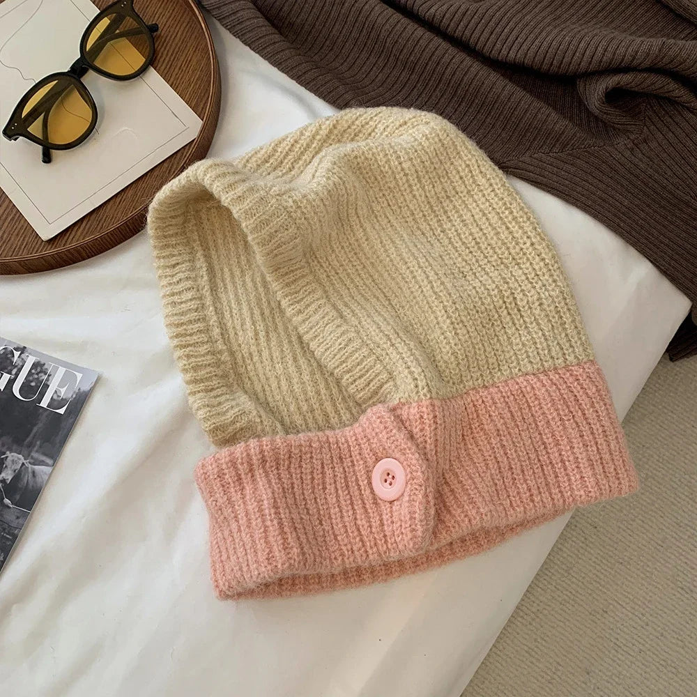 Japanese Retro Balaclava Hat Women Scarf Winter Hat and Neck Cold Proof Warm Knit Cap Female Fashion Color Matching Women's Hats