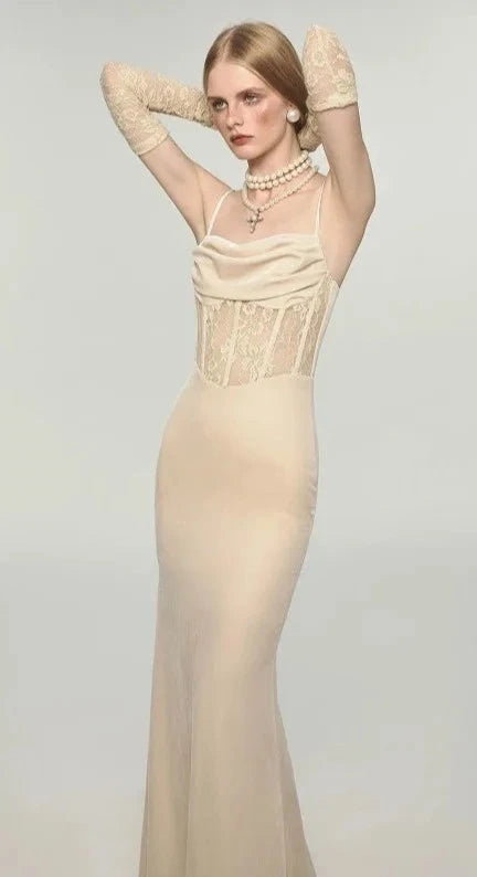 Spaghetti Strap Lace Corset Maxi Sheath Dress + Arm Sleeves