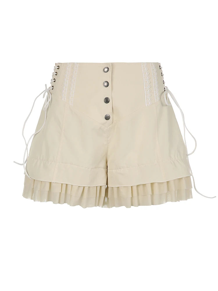 Weekeep Fairycore y2k Ruffles Shorts Cute 2000s Baggy Button Up High Waist Side Bandage Vintage Short Pants Casual Women Outfits