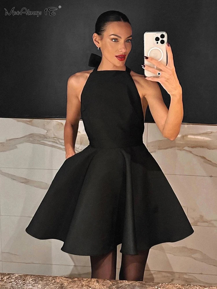 Mnealways18 Party Black A-Line Satin Dress For Women Halter Neck Backless Sexy Evening Dress Summer 2024 Pockets Mini Dress Lady