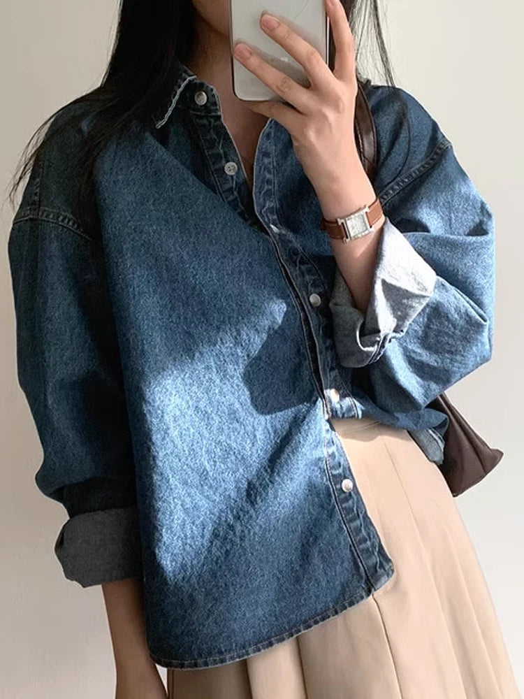 Women's Denim Shirt Korean Sle Early Spring Outfit Vintage Collar Loose Design Casual Shirt Long Sleeve Polo Collar Pure Color