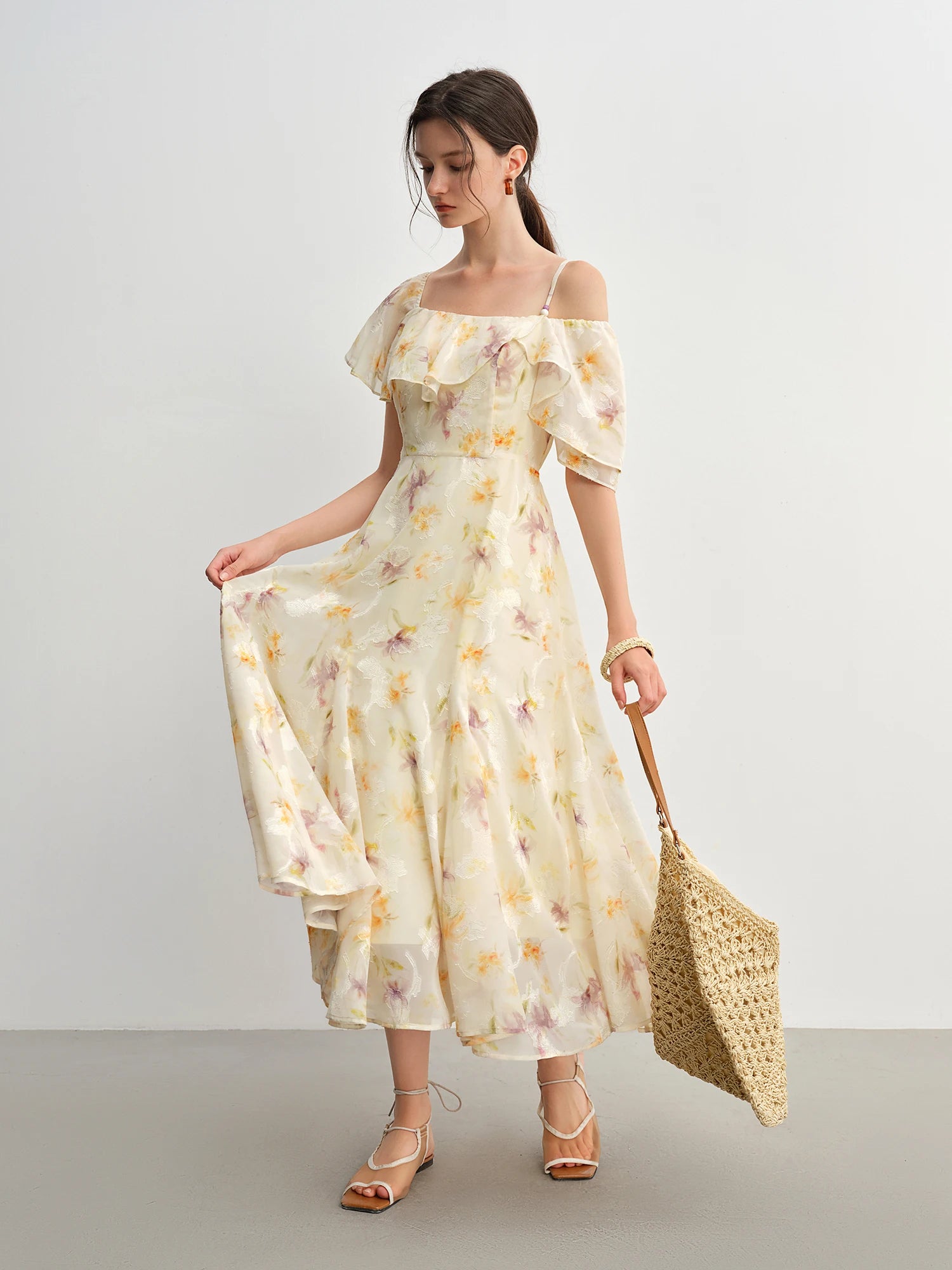 DUSHU Summer 2025 Printed Dress - Fluid Ruffle Hem Botanical Midi Maxi Resort to Office