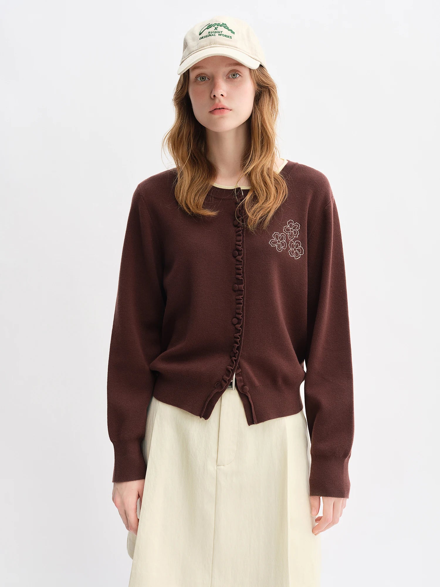 DUSHU Autumn 2025 Women's Floral Embroidered Knit Cardigan - Ruffle Trim Loose Fit Lightweight Layering Casual Blouse Top