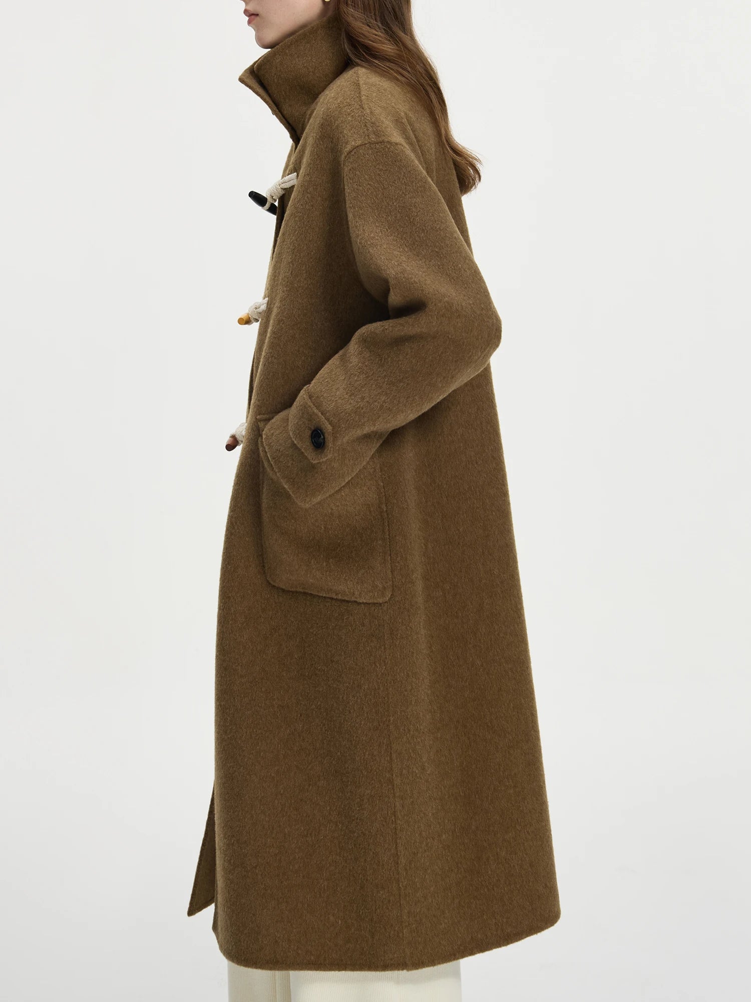 FSLE Office Lady College Style Casual Cow Horn Button Stand Up Collar Woolen Coat for Women Winter 2024 New Item 24FS14255