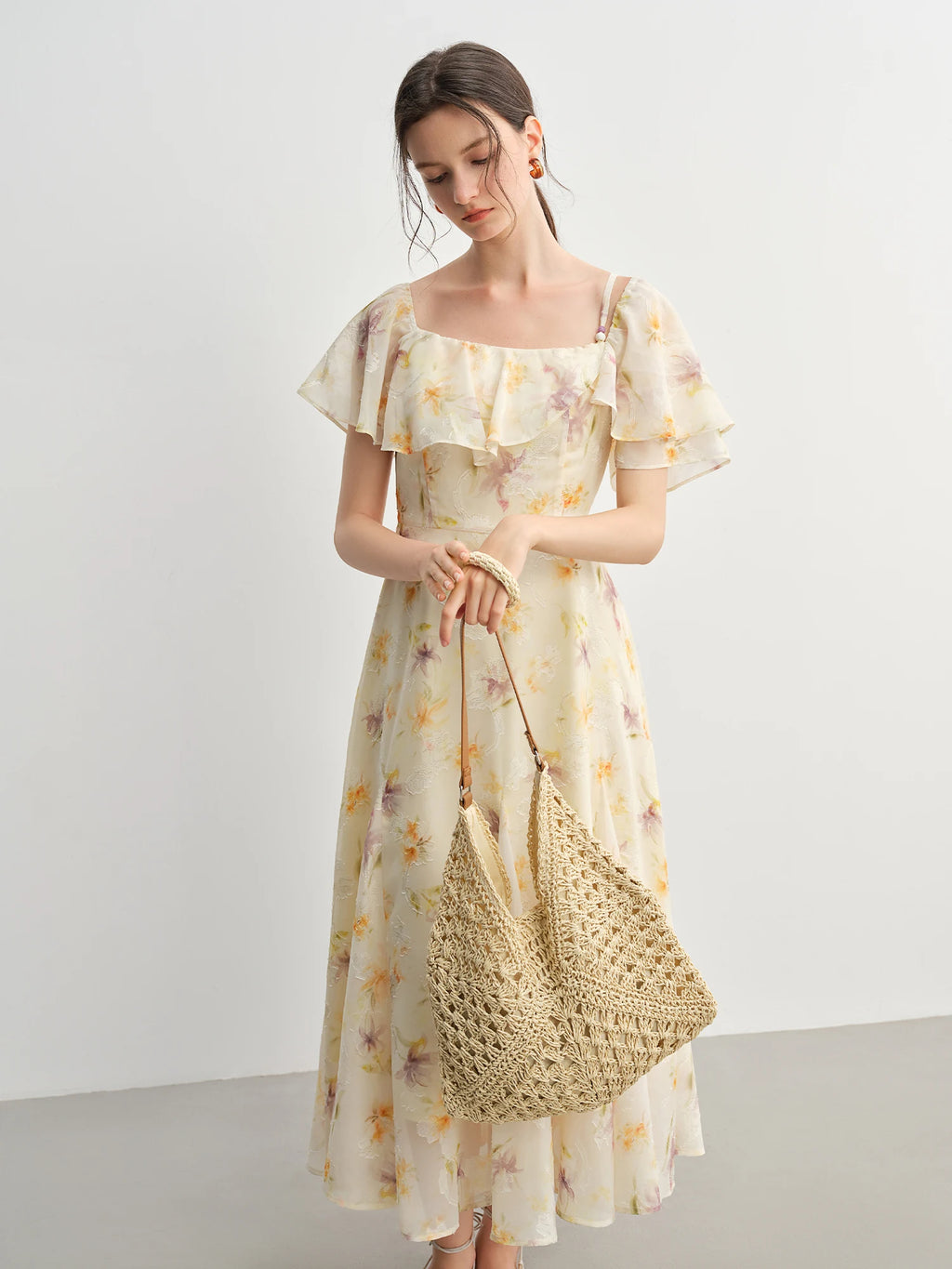 DUSHU Summer 2025 Printed Dress - Fluid Ruffle Hem Botanical Midi Maxi Resort to Office