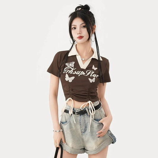 Women Versatile V-Neck Y2k Clothes Lady Korean Vintage Leisure Short Sleeved T-shirts Female Drawstring Tie Up Graphic Tops