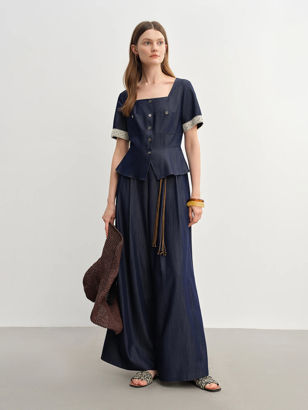DUSHU Women's French Vintage Lace Square Neck Blouse Relaxed Wide-Leg Tros 2025 New Cowboy-Inspired Set