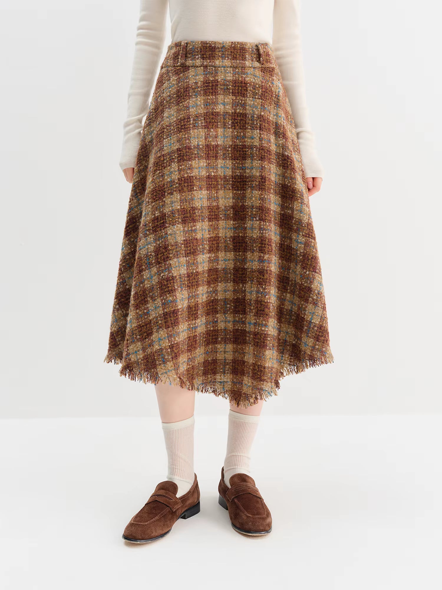 Elegant Women's Winter 2025 Retro Plaid Asymmetrical Hem A-line Skirt - Wide Waistband Slimming Design Elegance Skirts