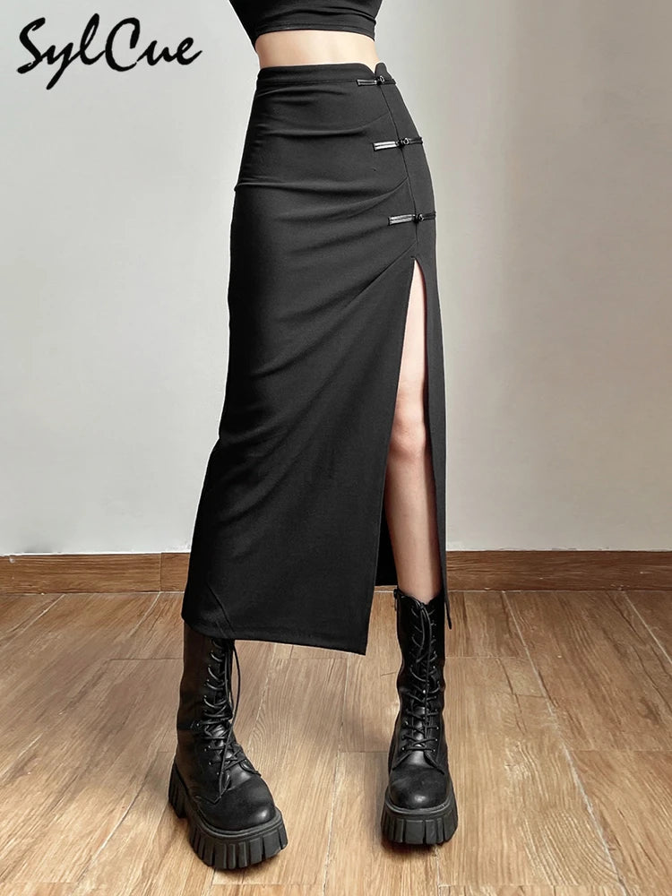 Black Sexy Split Simple Casual All-Match Hot Street Outing Cool Mature Vitality Personality Trend Basic Women'S Skirt
