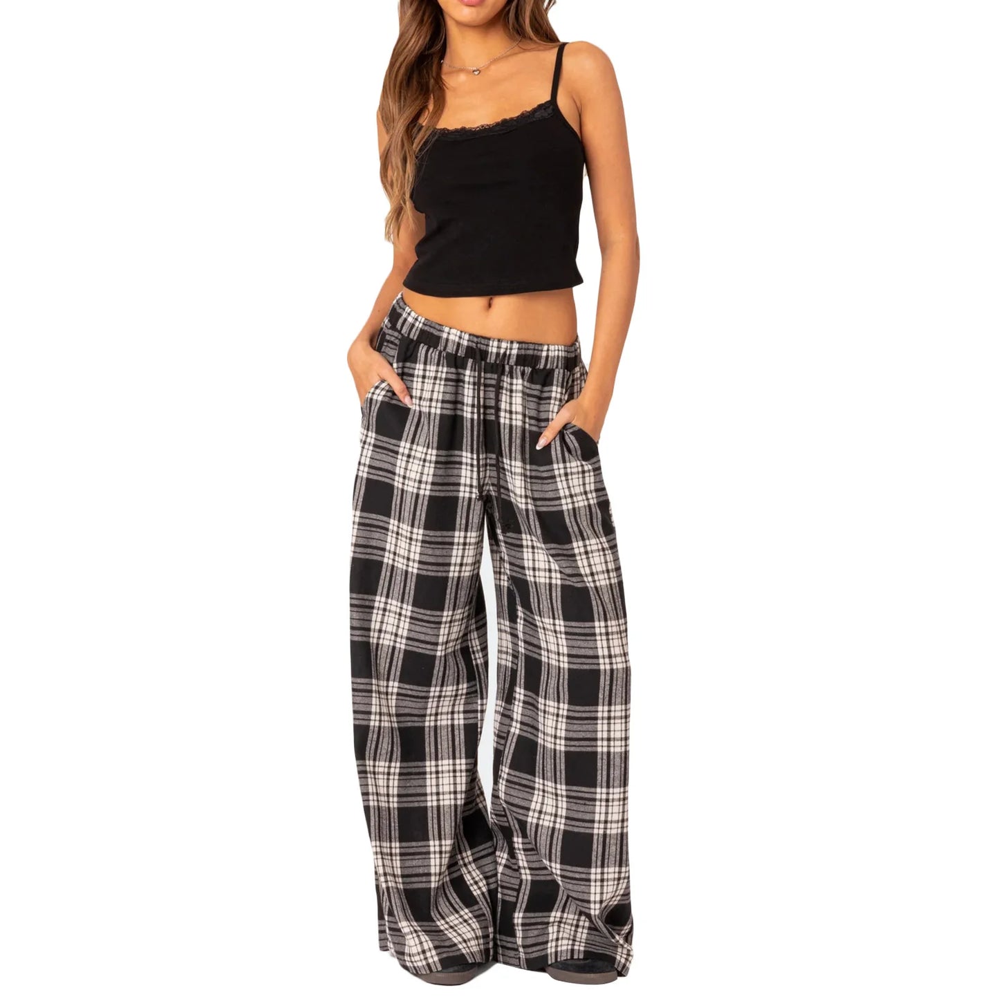 Mxiqqpltky Plaid Pants for Women Casual Pajama Pants Elastic High Waist Slim Wide Leg Cute Pj Pants Pajama Bottoms Loungewear