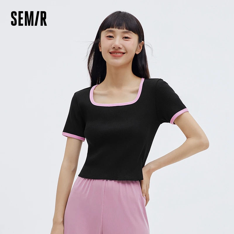 Semir Short-sleeved T-shirt Women PJ Casual Home Interior Fashionable Sweet Vest Square Neck Knitted T-shirt