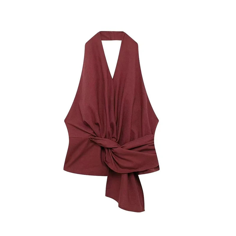 Vintage Halter Backless Top Pants Set for Women Elegant Lace up V-neck Vests Trousers Fashion Casual Solid Color Women‘s Sets