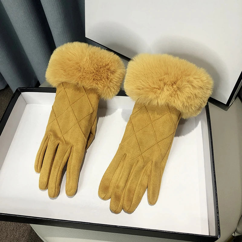 Women Winter Suede Keep Warm Touch Screen Plaid Gloves Fashion Elegant Hairy Wrist Soft Drive Thin Fleece Windproof