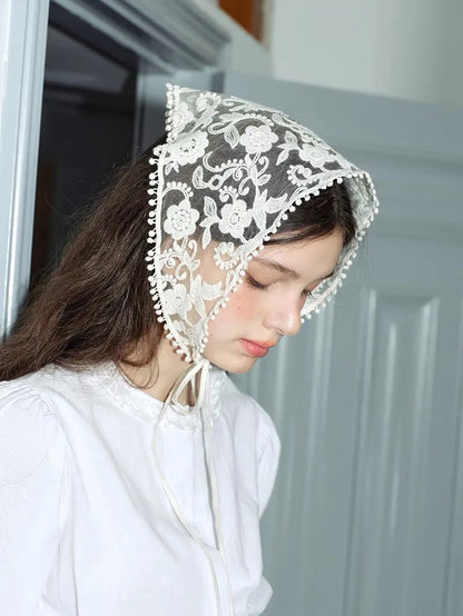 White Woven Floral Lace Hair Scarf Wraps Women Retro Triangle Headscarf Hat Travel Photo Headband Hair Accessories