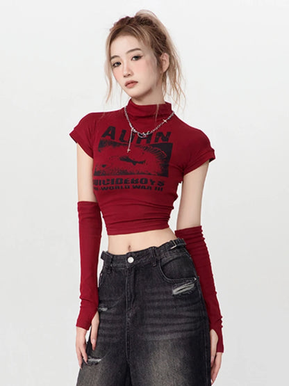 HOUZHOU Y2k Red Tops for Women Vintage 2000s Aesthetic Kpop T-shirts Grunge Korean Long Sleeve Gyaru Streetwear Harajuku Acubi