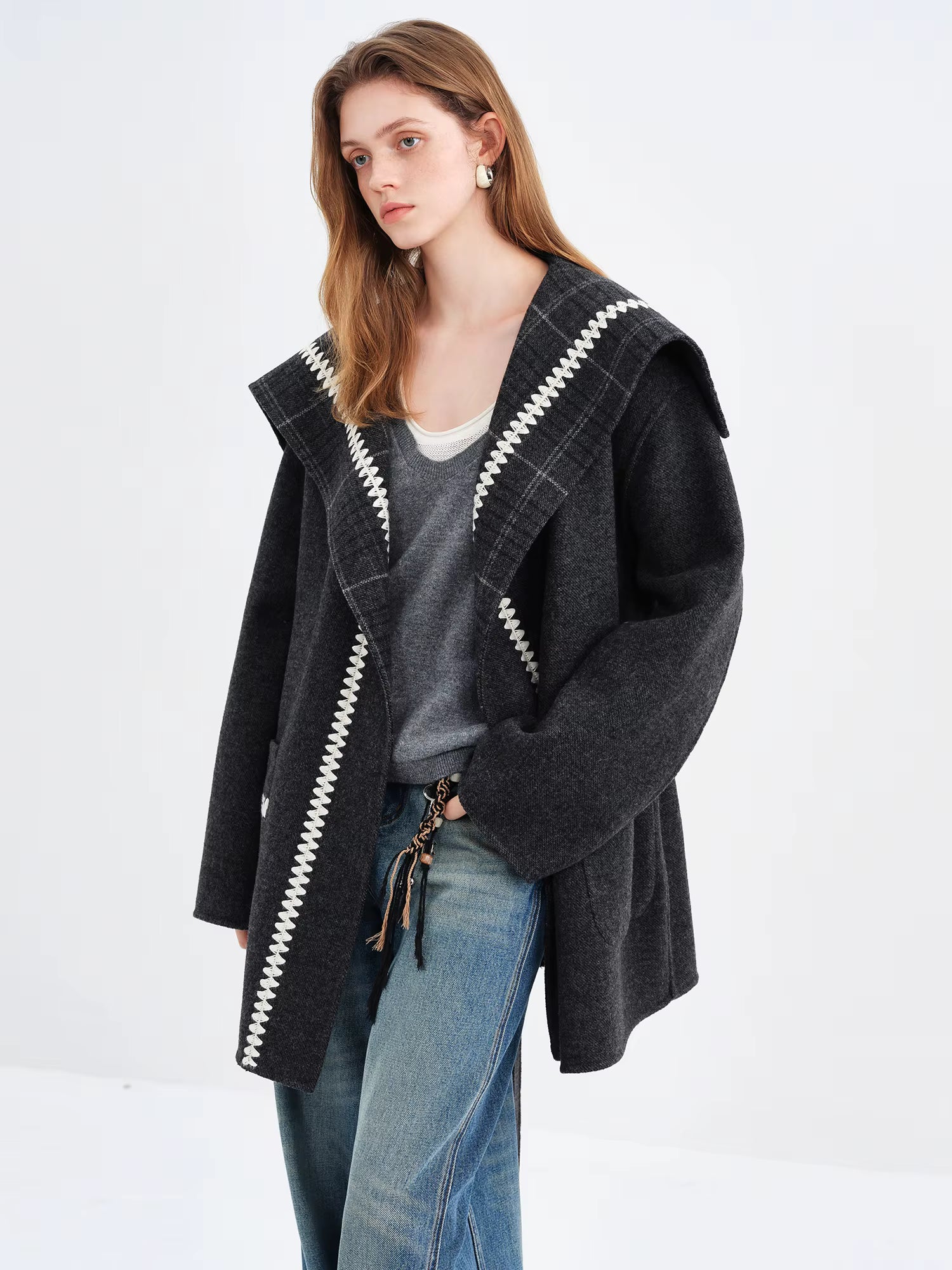 2025 Winter Women's Reversible Tartan Pattern Wool Blend Coat with Embroidery - Bohemian Style Two-Way Wear Long Overcoat