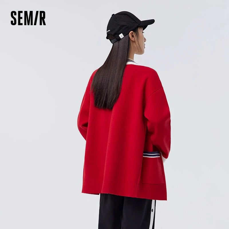 Semir Mali Knit Cardigan Women Mid-Length Loose Lazy Outerwear Spring Contrast Color V-Neck Top