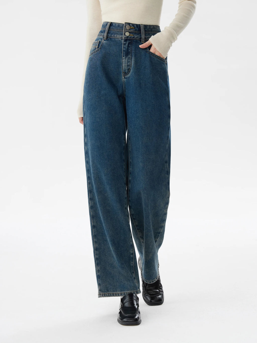 FSLE Office Lady High Waisted Retro Straight Leg Jeans for Women 2024 Winter New Casual Pants Casual Loose 24FS14359
