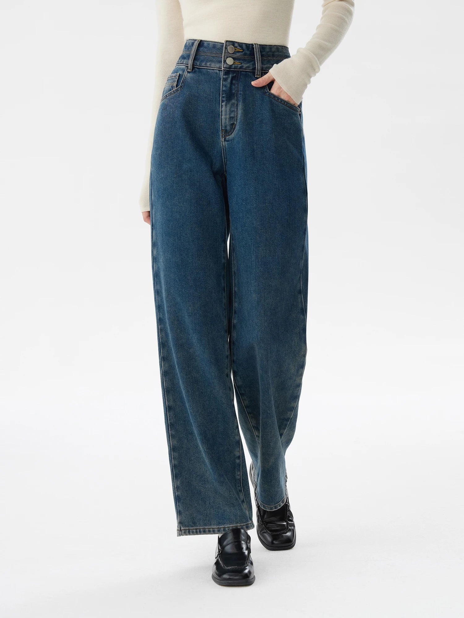 FSLE Office Lady High Waisted Retro Straight Leg Jeans for Women 2024 Winter New Casual Pants Casual Loose 24FS14359