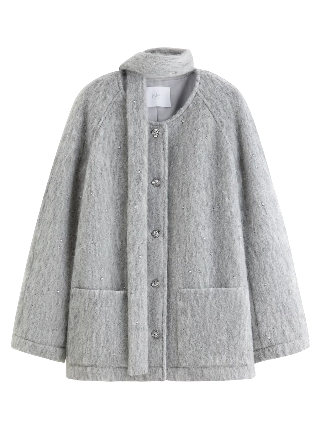 2025 Winter Women's Light Grey Wool Scarf Collar Short Coat - Elegant Pearl-Inspired Design for Casual and Office Wear