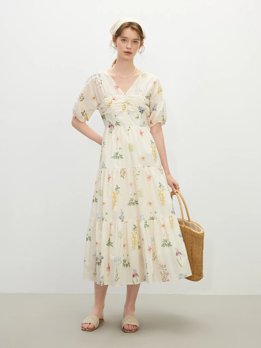 FSLE Holiday Season Pastoral Style Flower Print V-neck Dress Female 2025 Summer New Country Concert Outfits Dress
