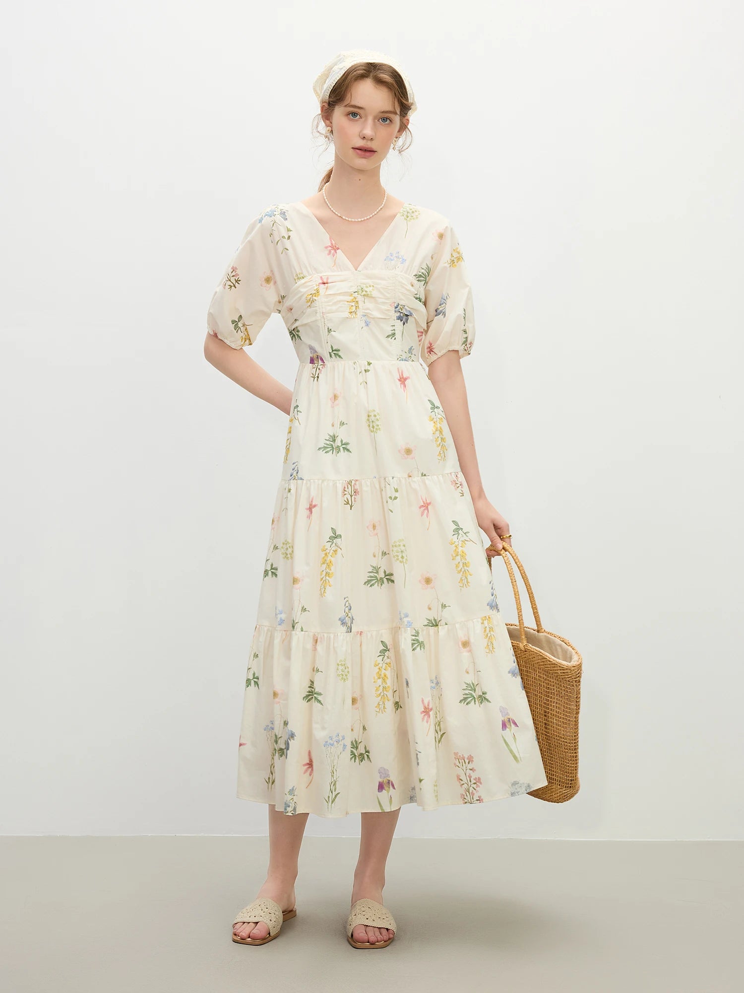 FSLE Holiday Season Pastoral Style Flower Print V-neck Dress Female 2025 Summer New Country Concert Outfits Dress