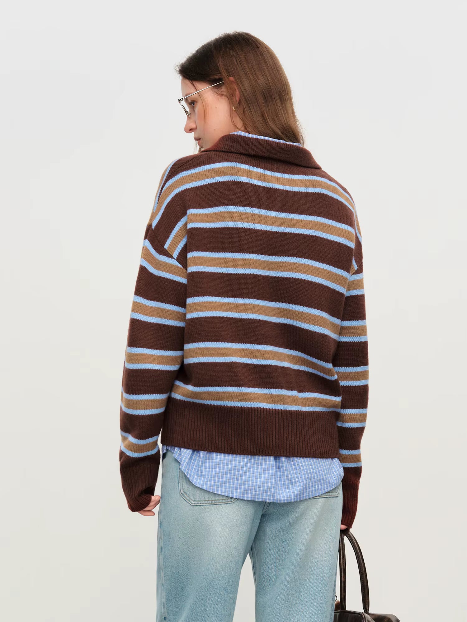 Casual Contrast Color Striped Turn Down Collar Sweater Women Loose 2025 Winter New Retro Sweater Soft Cozy Homewear