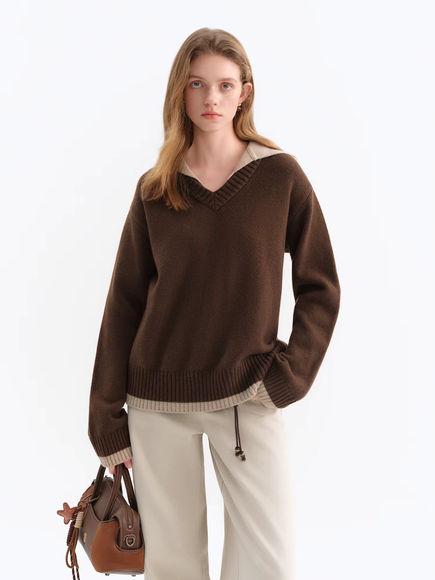 Fake Two-piece Design Pullovers Female Contrast Color Lapel Loose Casual Sweater for Women Winter 2025 New Style