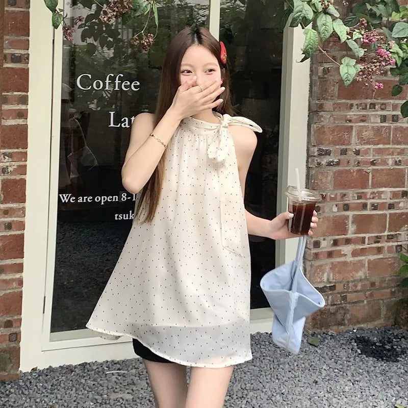 Bow Halter Lace Up Blouses Women Polka Dot Korean Tender Princess Style Sleeveless Tops Summer New Design Students Sweet Girls