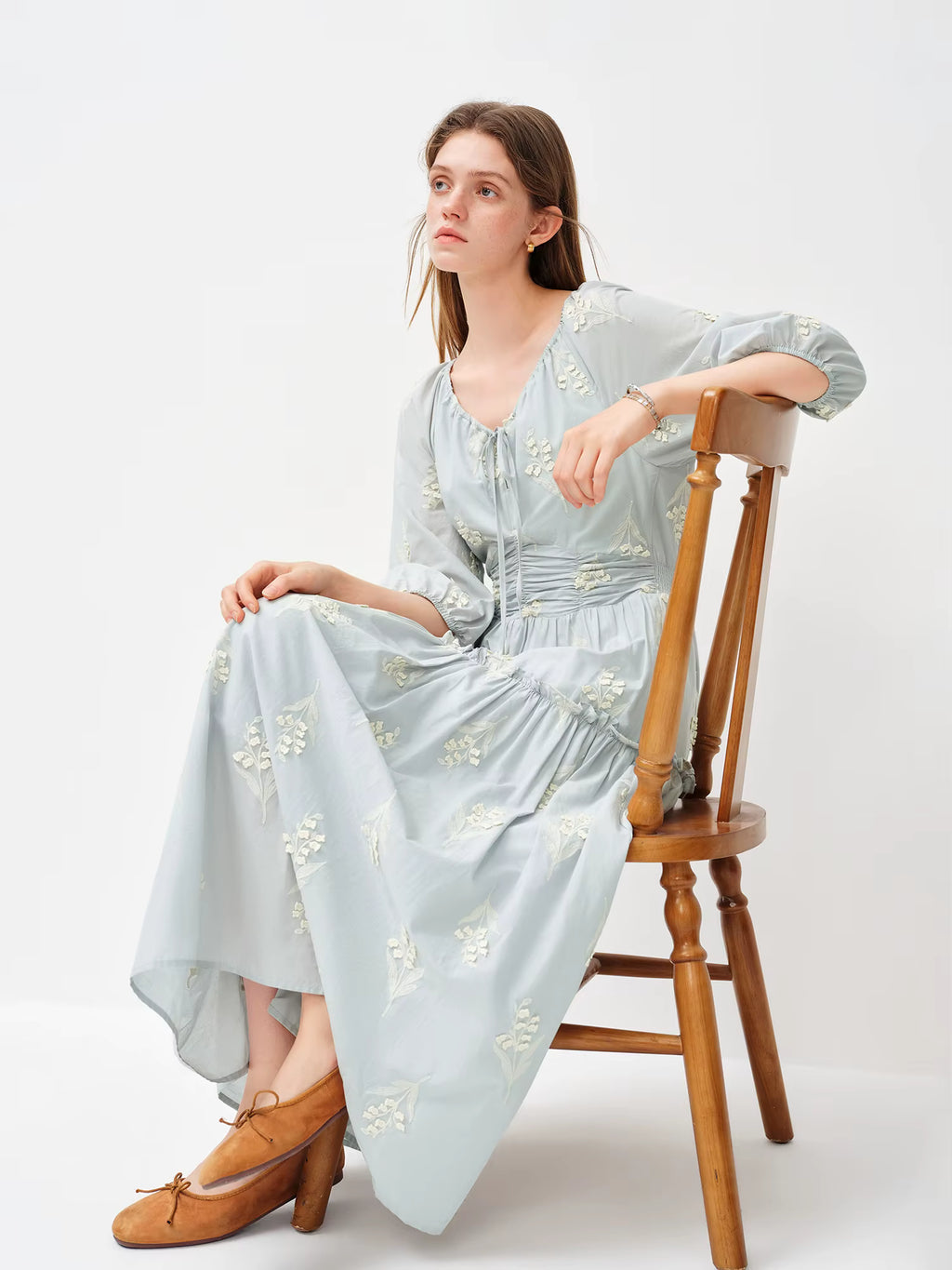 2026 Spring Women's Ethereal Textured Floral Embroidered Dress - Lily of the Valley Inspired Mid-Length Midi for Spring