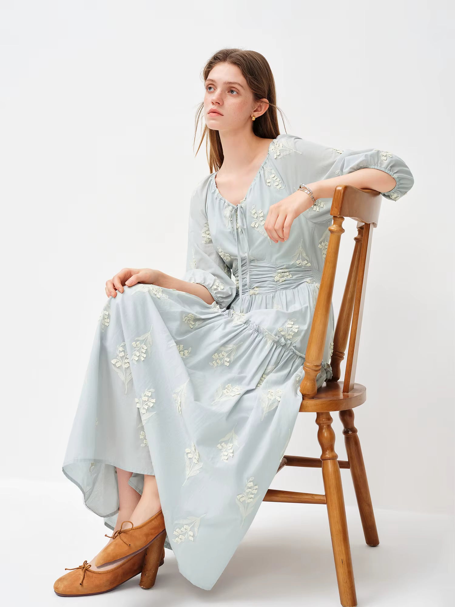 2026 Spring Women's Ethereal Textured Floral Embroidered Dress - Lily of the Valley Inspired Mid-Length Midi for Spring