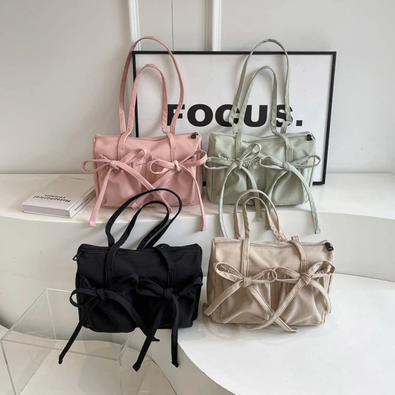 2024 New Korean Bow Nylon Shoulder Bag Fashionable and Sweet Design Tote Bag Folded Large Capacity Commuter Women's Handbag