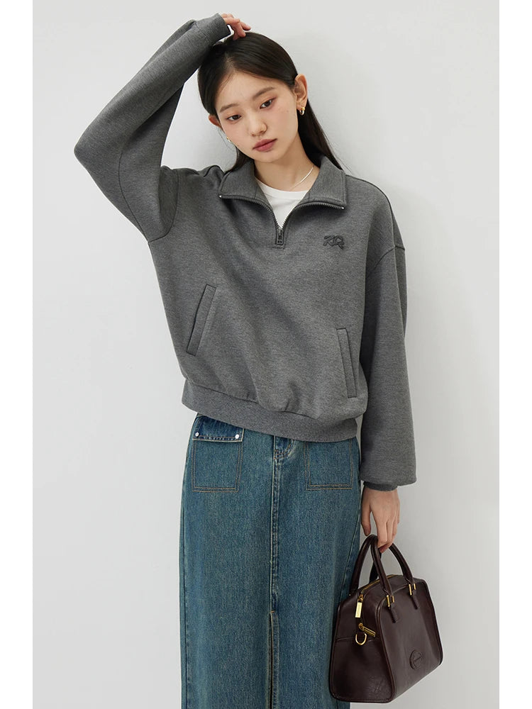 ZIQIAO Petite Cotton Casual Chic Hoodie For Women Spring 2024 New Semi Zippered Pullover Gray Women Top 24ZQ91132