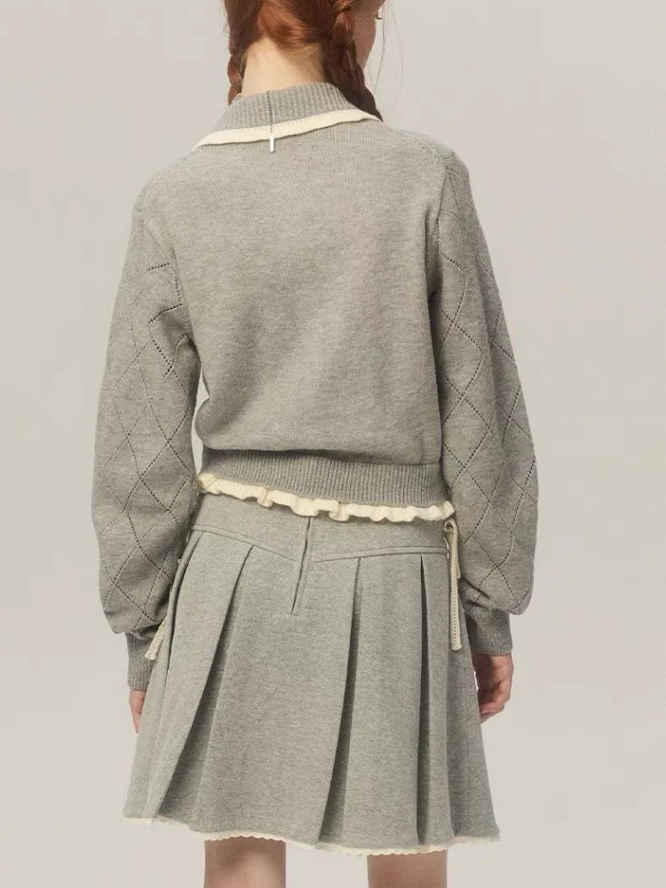 QWEEK Y2k Coquette Elegant Knit Knitted Cardigan Women 2024 Autumn Winter Fashion Kawaii Cute Bow Plaid Sweater Ruffles