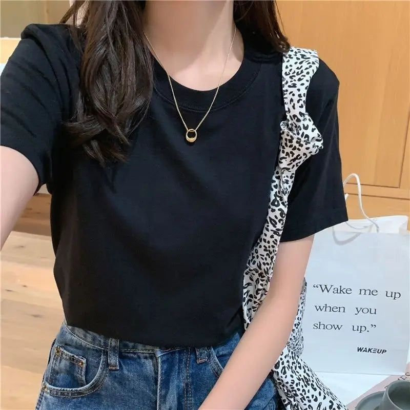 Solid Women Short Sleeve T Shirt Cotton O Neck Loose Black White Basic Thin Tops Fashion Harajuku Casual Outer Wear T-Shirts